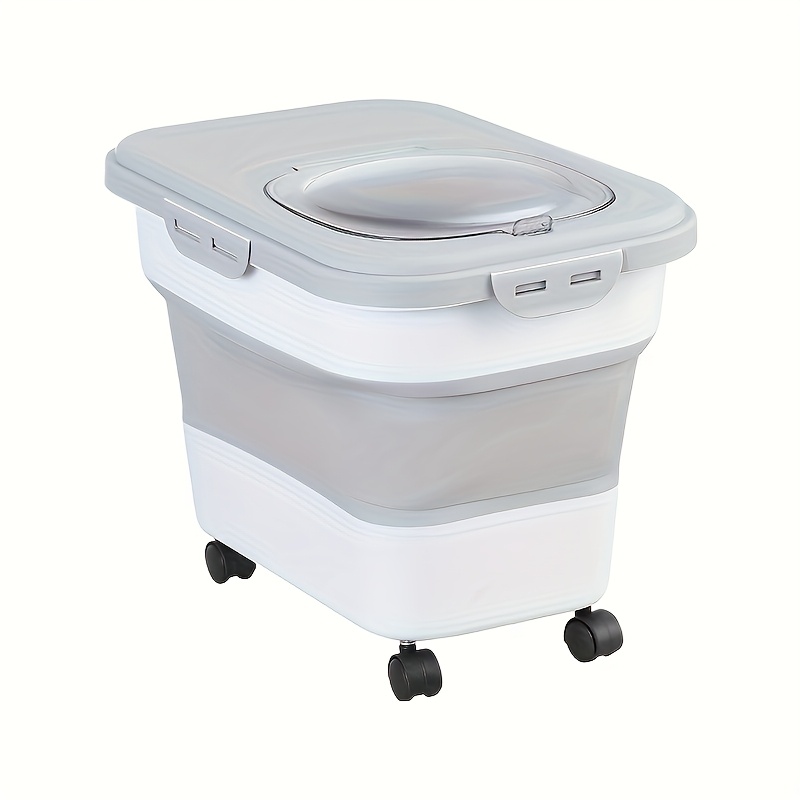 Large Capacity Square Plastic Pet Food Storage Container with Wheels - Closed Seal, Moisture and Insect Resistant, Foldable, Measuring Cup for Cat and Dog Dry Food