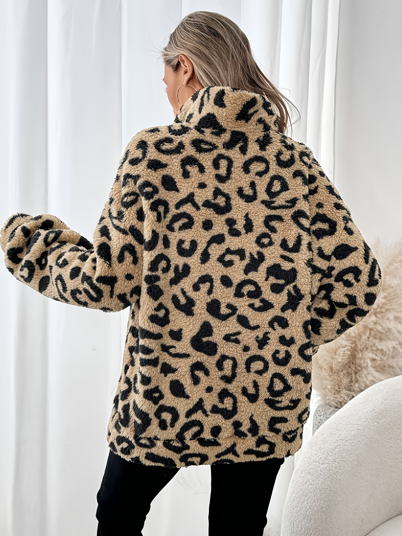 womens leopard print half zip sweatshirt cozy fleece lined pullover with pockets long sleeves and front zipper   fall winter   casual   print top fleece lined sweatshirt light brown 1 1