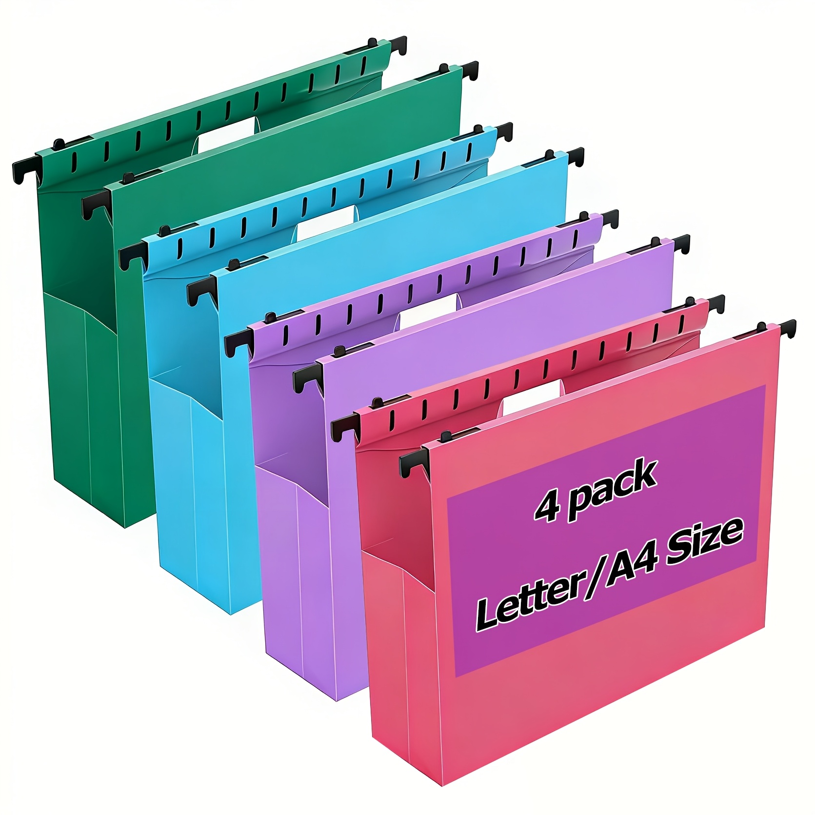 TEMU 4pcs Plastic Hanging File Folders Letter/a4 Size, 2 Inch Expansion Heavy Duty Hanging Folder For Bulky Files, 1/5-cut Adjustable Tabs, Assorted