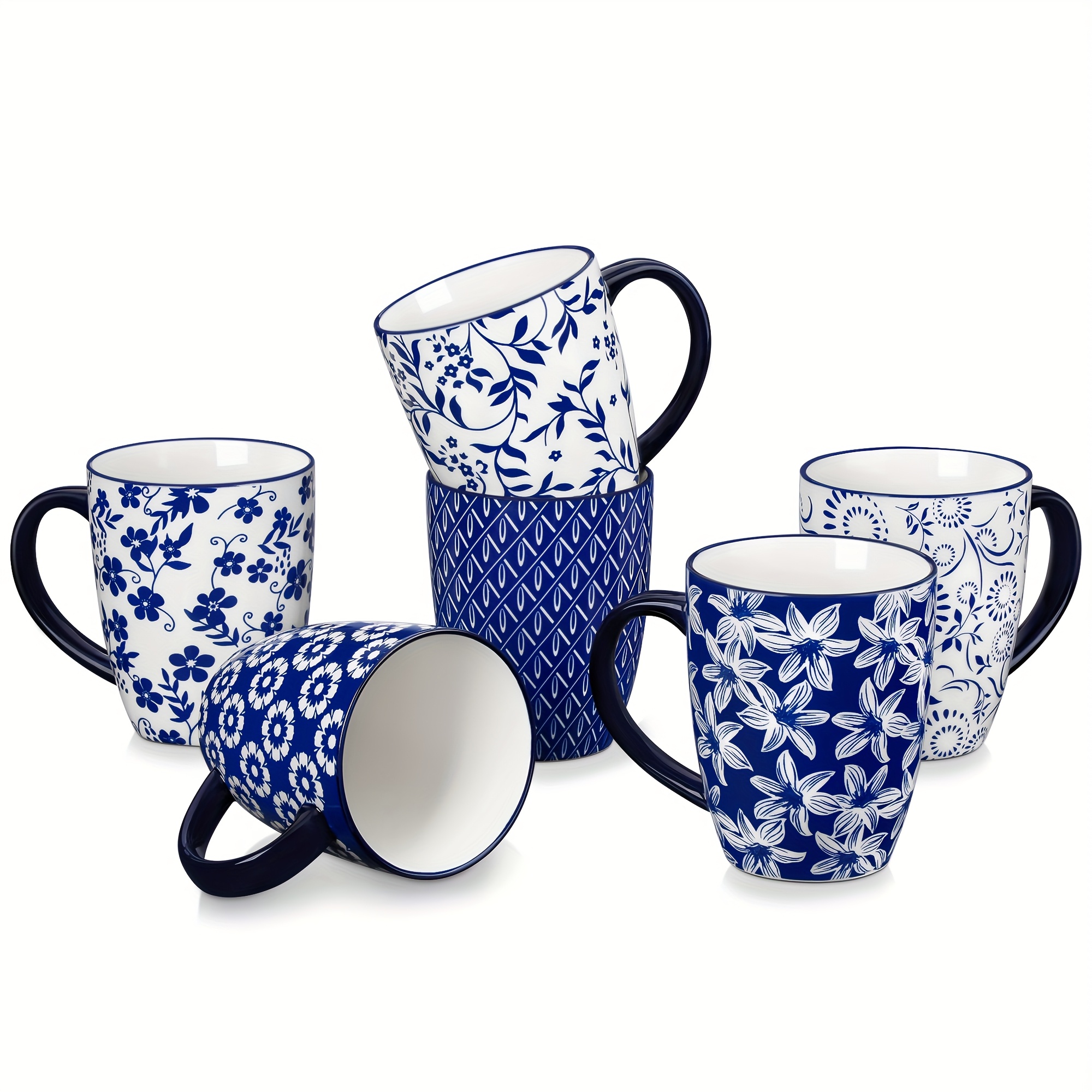 TEMU 6pcs Coffee Mugs Blue And White Porcelain Mugs 14oz Coffee Cup For Tea, Milk, Cappuccino