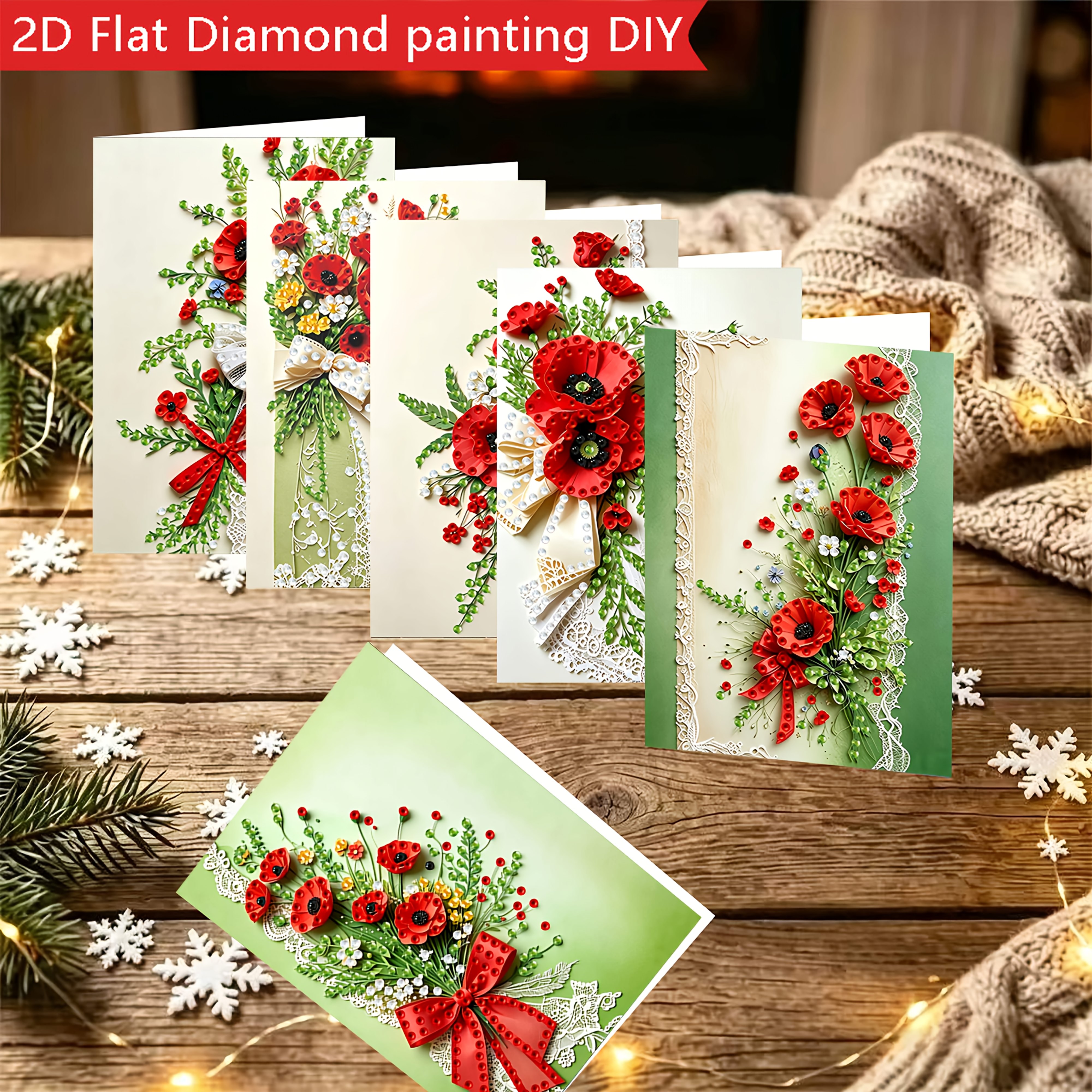 TEMU 6-delige doe-het-zelf 2D platte bedrukte diamant schilderij wenskaartenset met bloementhema serie, 2D plat
