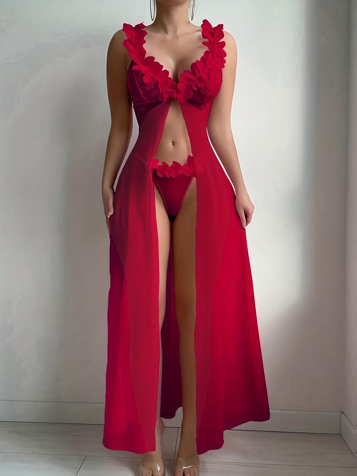 Women's Sexy Wedding Burgundy Lace Trim Mesh Floral Dress Lingerie Nightgown Set