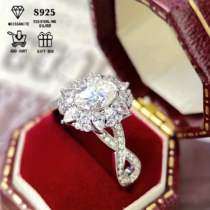 Women's 2-Carat Oval Moissanite Ring, S925 Sterling Silver