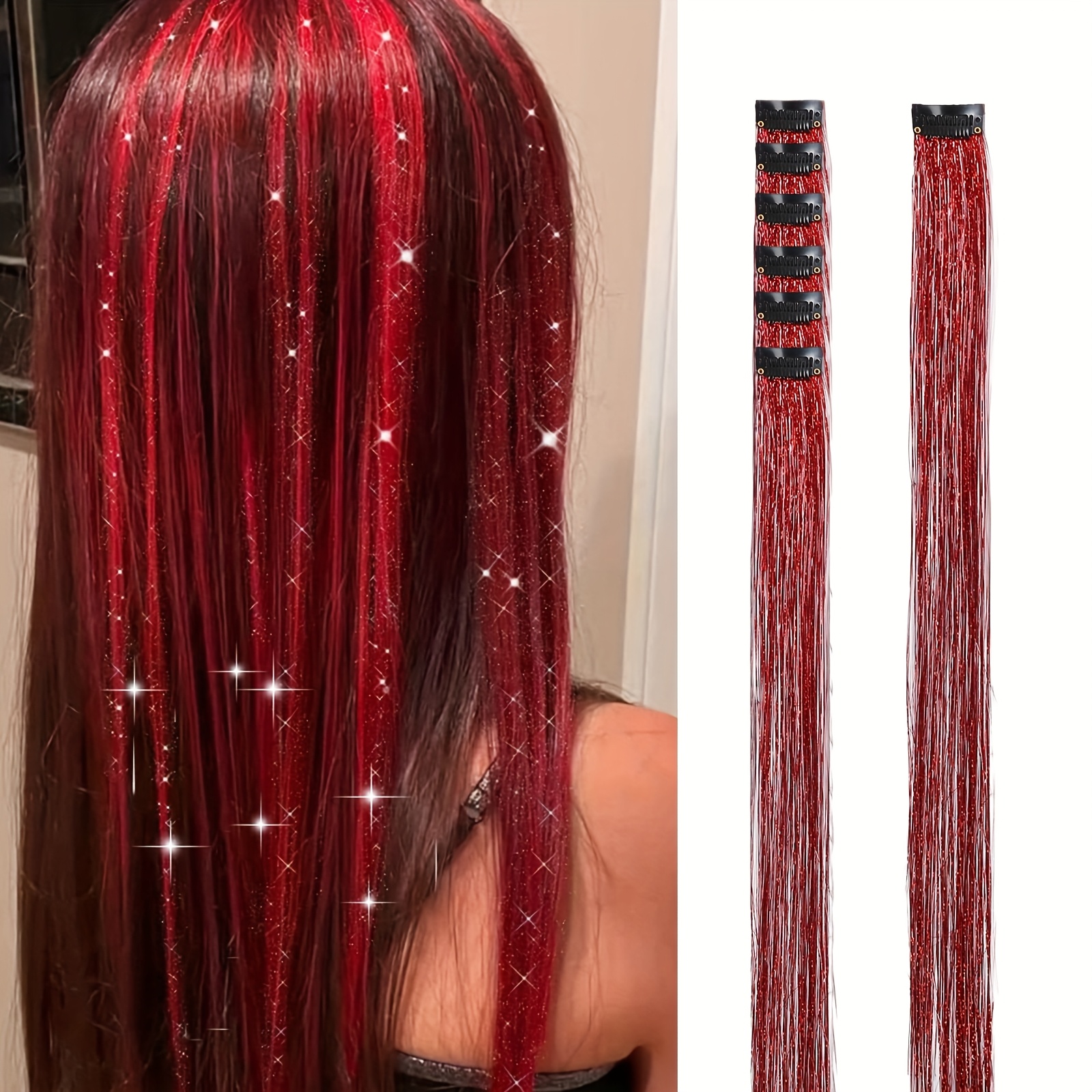 E-shop [Haarwürfel] 6-teiliges Set 20-Zoll Glitzer Haarsträhnen, Breite Clip-in Weft für sofortigen Glanz, Feenhaar für Frauen & Mädchen, Party &
