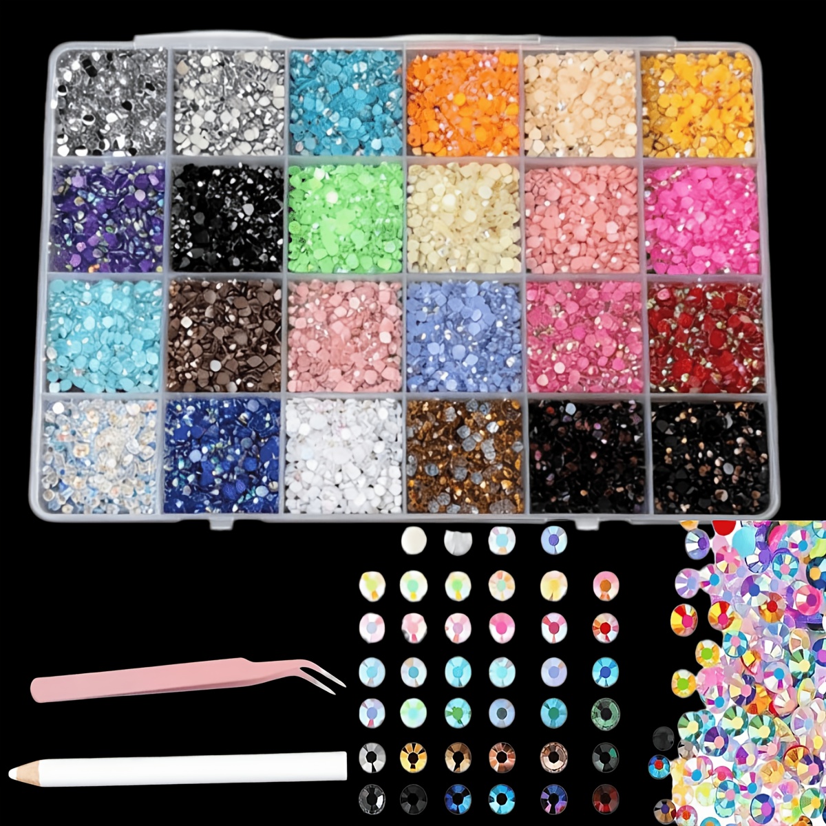 TEMU 24-grid Nail Jewelry Light Luxury Flash Flat Rhinestones Nail Decorations With Tweezers And Dotting Pen Suitable For Various Occasions Holiday