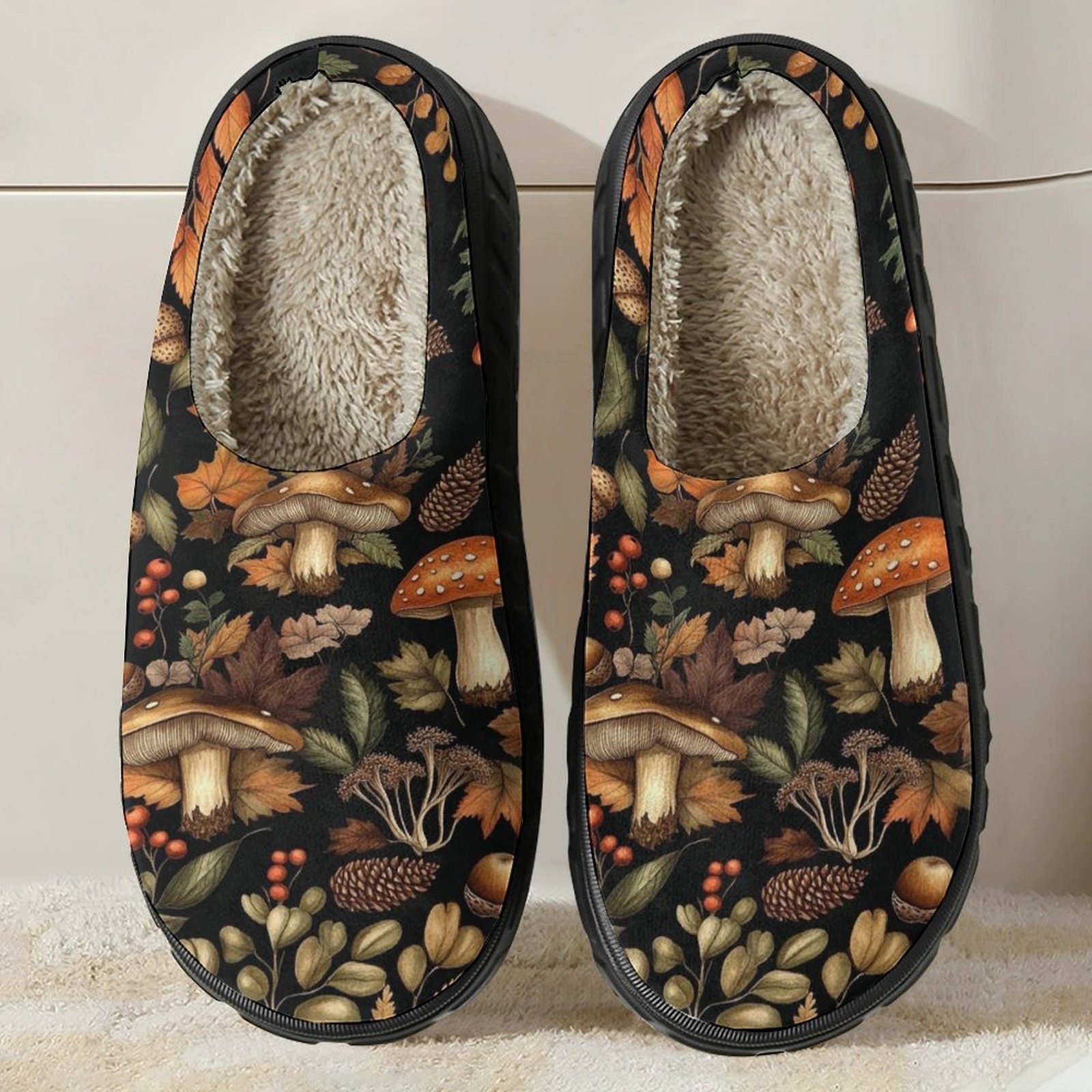 1 paar herbstpilz-design hausschuhe für zuhause, modische, hochwertige hausschuhe mit rutschfester, 4 cm dicker sohle, bequeme elevator-slipper mit plüsch-innenfutter für damen und herren, innen- und außenbereich, ideal für alle jahreszeiten