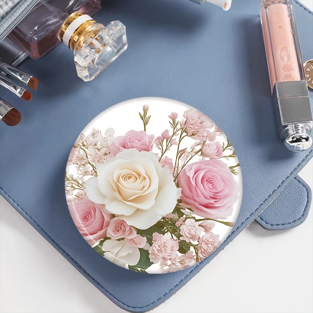 TEMU 1pc, Pink Rose Bouquet Themed Makeup Mirror, Exquisite Double-sided Round Mirror, Handheld Mirror, Folding Mirror, Multi-functional, Reusable,