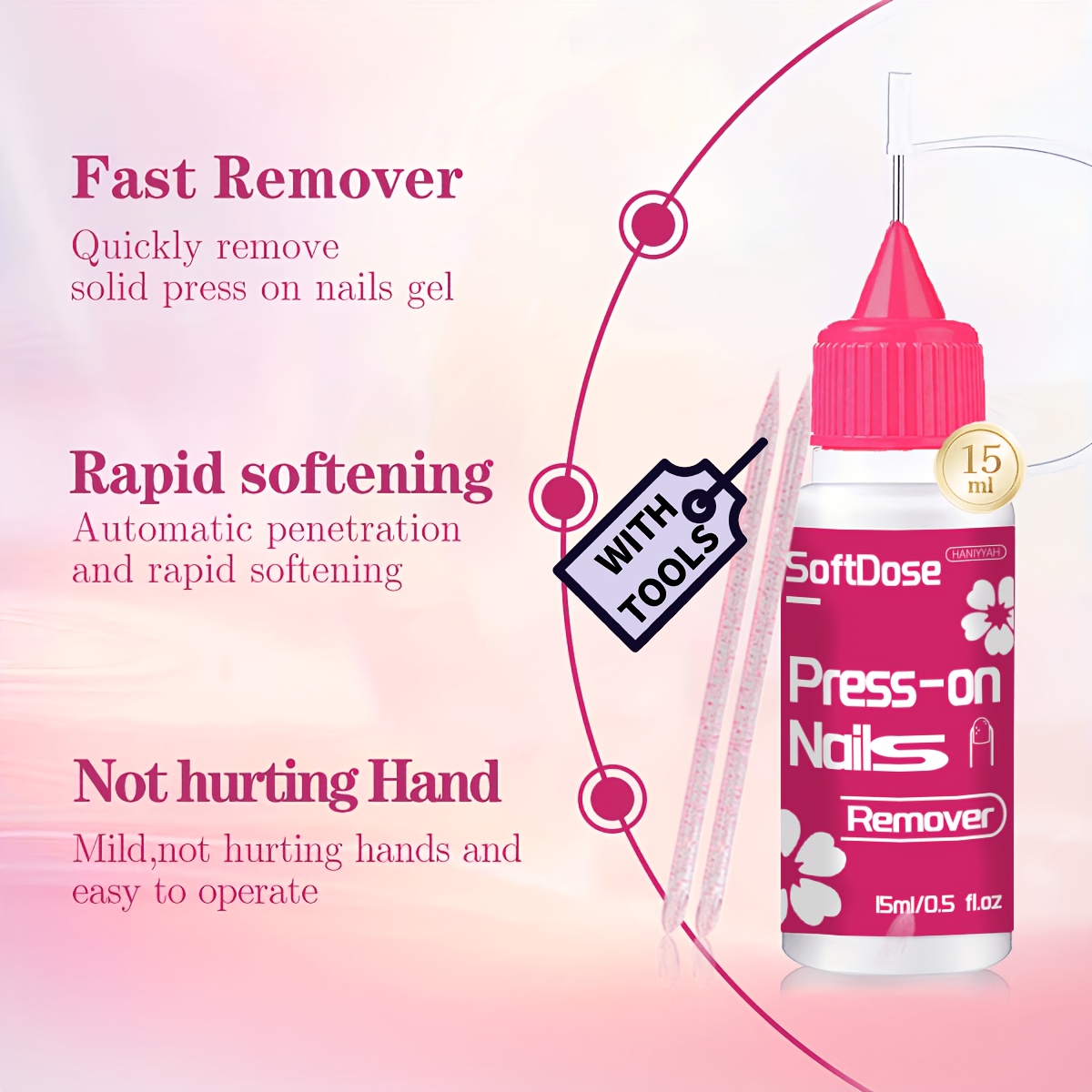 Nail Debonder, 0.5oz Press-on Nails Remover For Solid Nail Glue Gel, Quickly , Fake Nails Remover Liquid Formula With Vitamin E, Nail-friendly Formula, Moisturizing & Care, With Stick