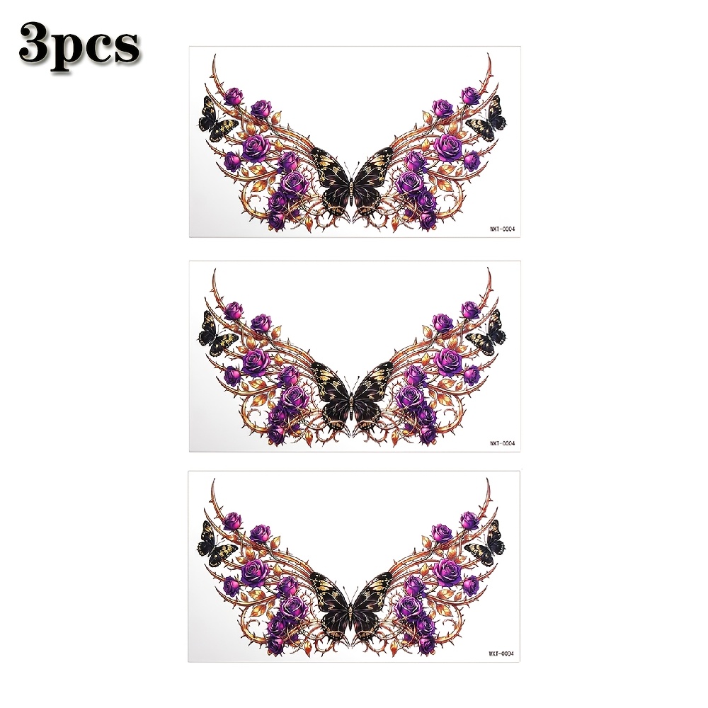 TEMU 3pcs Waterproof Temporary Tattoo Stickers, Purple Rose With Thorns Floral Body Art Decals, Realistic Fake Tattoo For Women Lower Back Waist