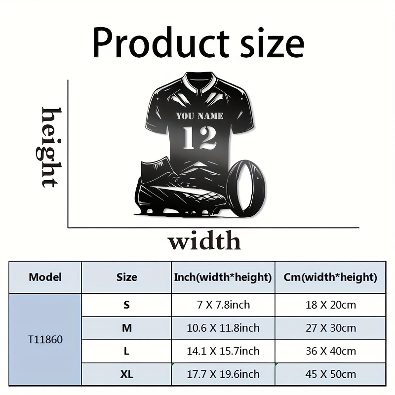 TEMU 2d Flat, 1pc Personalized Rugby Wall Art - Custom Name & Number, Durable Iron Sports Decor With Rugby Ball & Cleats Design, No Electricity
