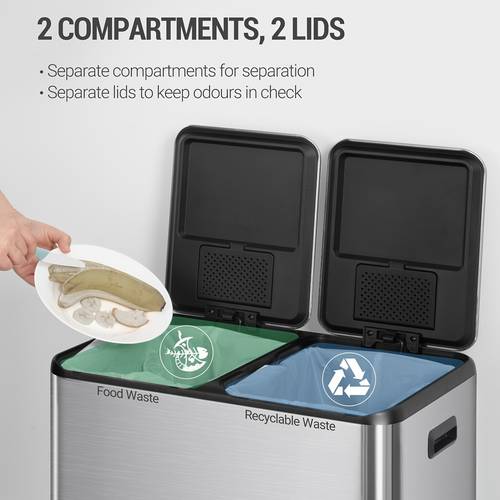 poubelle de cuisine, système de séparation des déchets 2 compartiments 60l (2 x 30l), poubelle de cuisine en acier inoxydable, poubelle à pédale, poubelle silencieuse à lente, avec 15 sacs à déchets exclusifs, argenté