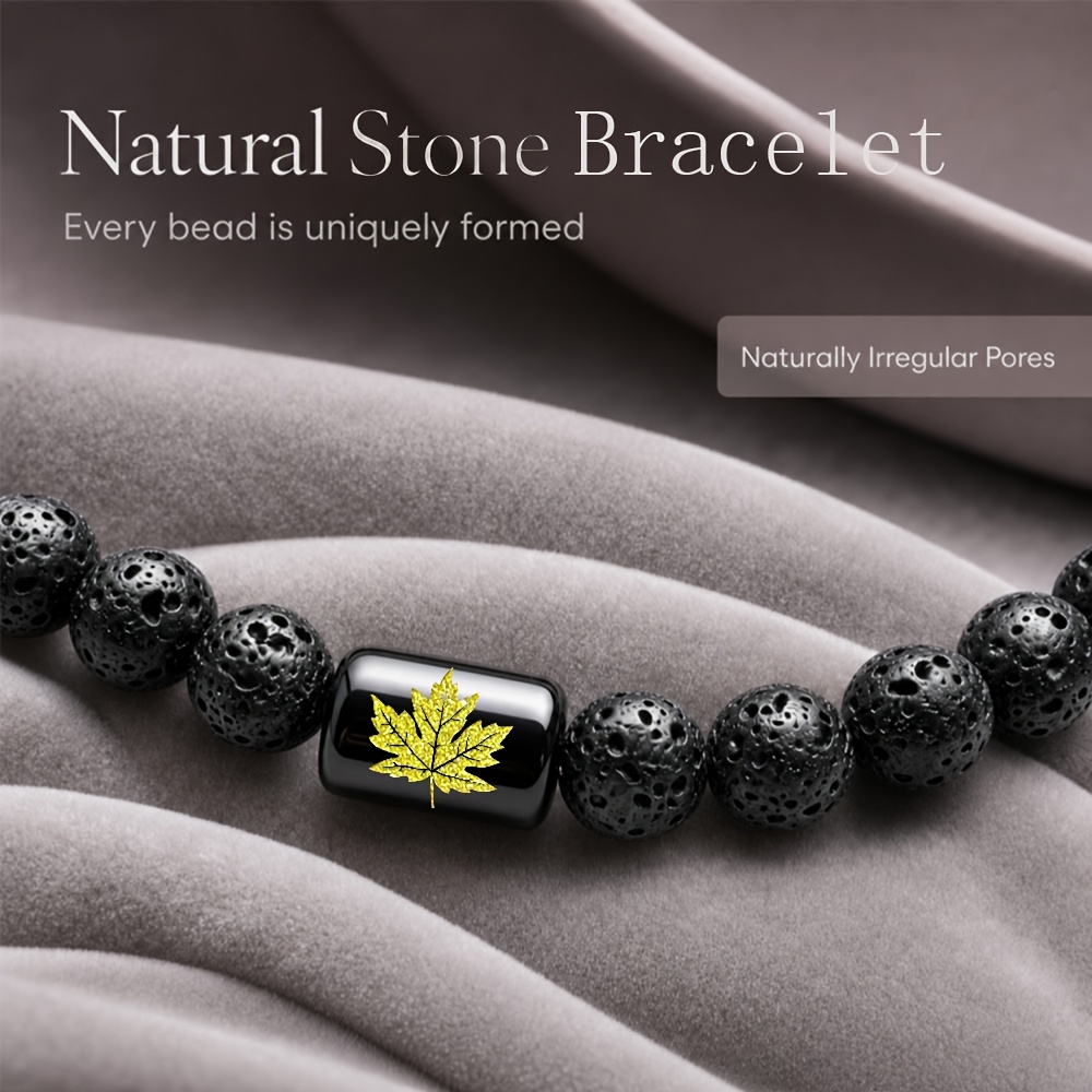 Natural Stone Beaded Bracelet with Golden Maple Leaf