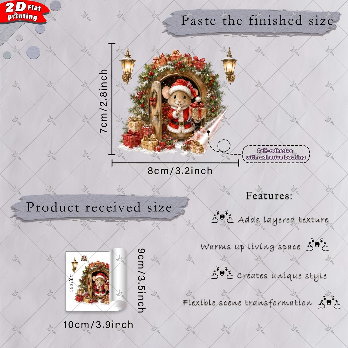TEMU 1pc 2d Flat Printed Christmas Mouse In Santa Costume Door Gift Holly Lantern Wall Sticker, Creative Self-adhesive Removable Double-sided Pvc