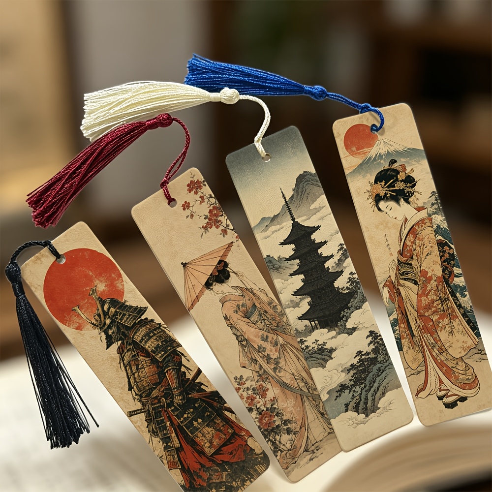 TEMU 4pcs Bookmark Set, Ancient Style , Geisha, , Vintage, Character, Cool And Stylish Patterns, 2d Printed Pu Durable Bookmarks With Tassels, Daily