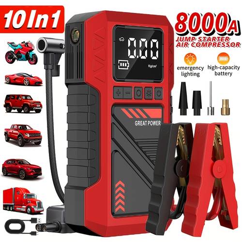 jkuoo 10 in 1 portable air compressor heavy duty truck emergency jump starter 8000a 12v 24v car emergency power bank with lcd display and led flashlight car battery booster with 180 psi digital tire inflator air compressor mobile phone