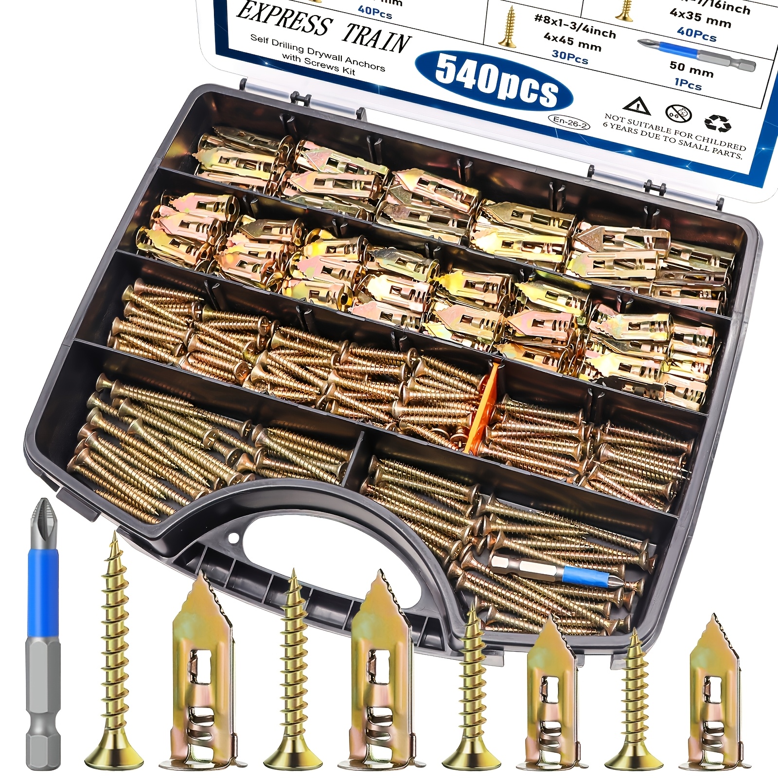 TEMU 540pcs Heavy-duty Drywall Expansion Anchor Set - Self-drilling Anchors And Screws, Suitable For , Wall Hanging And Outdoor Garden Decoration