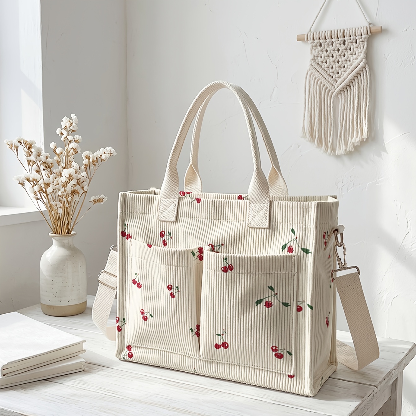 TEMU Cherry Print 2d Printed Tote Bag, Corduroy Large-capacity Handbag, Multi-compartment Storage + Portable Shoulder Strap + Soft Fabric | For