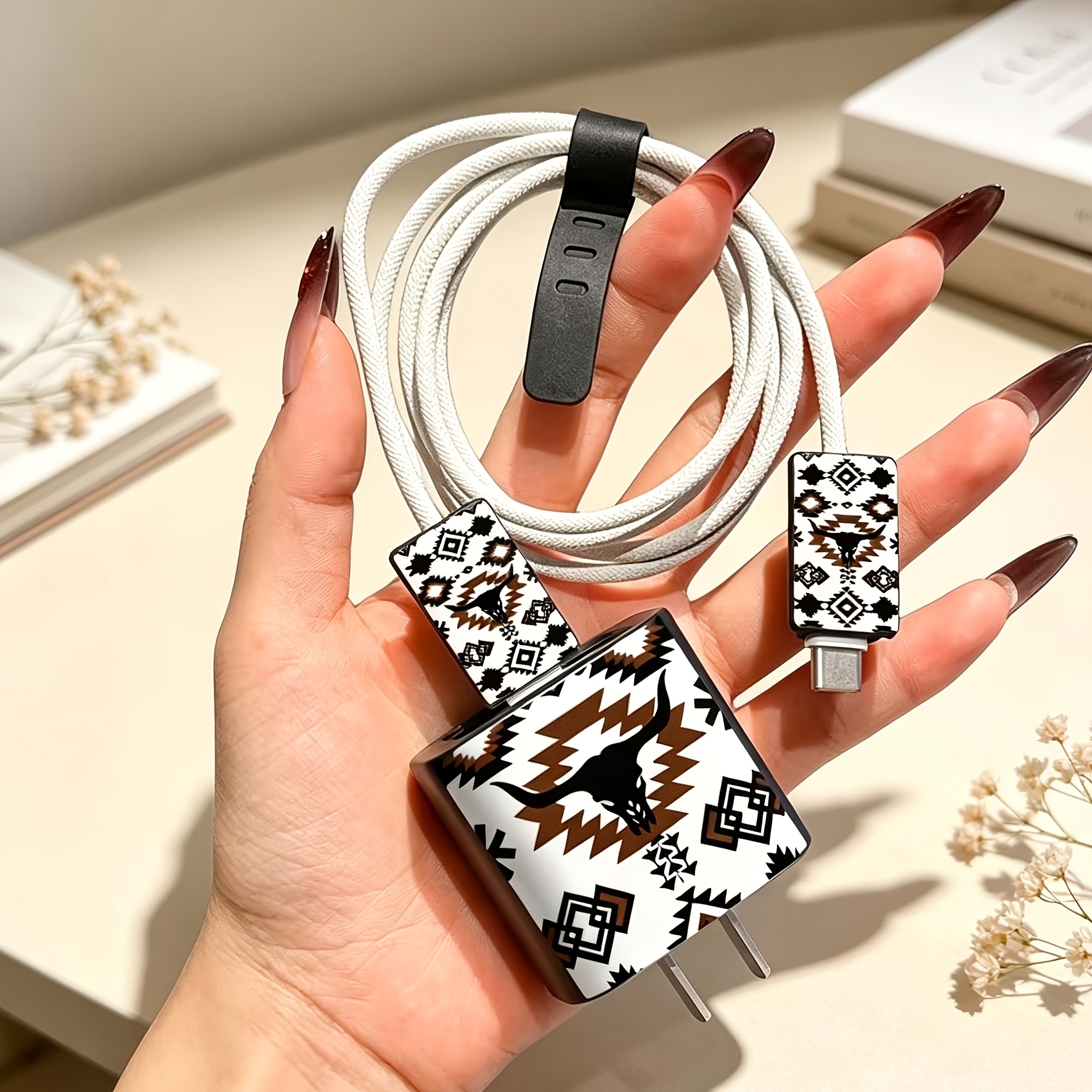 TEMU Kit de 1 par tête de style géométrique pour chargeur et câble, étui de durable pour câble de charge Apple 18-20W, organisateur de câble -