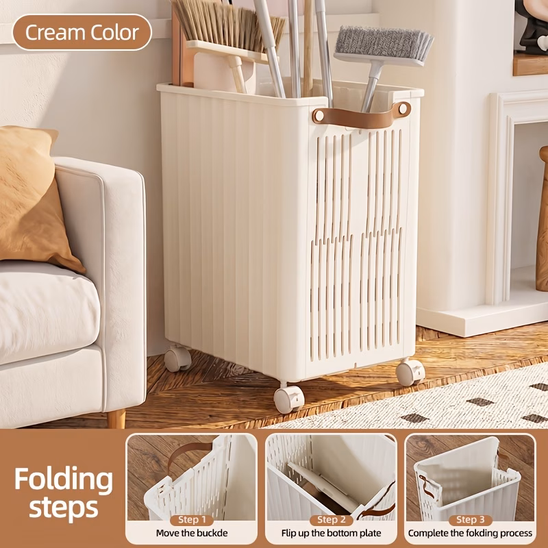 Large Capacity Mop Holder with Wheels, Laundry Hamper Cart, Rolling Br...