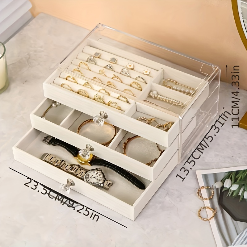 TEMU 3-tier Acrylic Jewelry Organizer Box, Storage Solution For Rings, Necklaces, Bracelets, Dust-, Assembly, Rectangular, Plastic, Interior, , Tabletop Display For Jewelry Organization