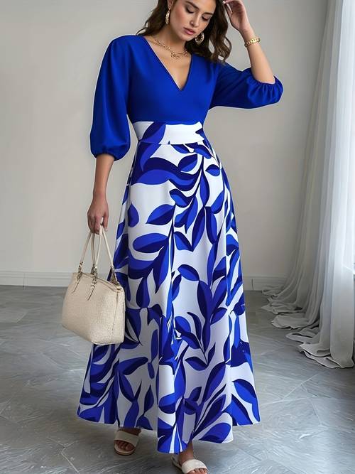 elegant blue and white floral print v neck maxi dress with puff sleeves flowy a line skirt adult womens fashion casual elegant wear floral print dress polyester fabric