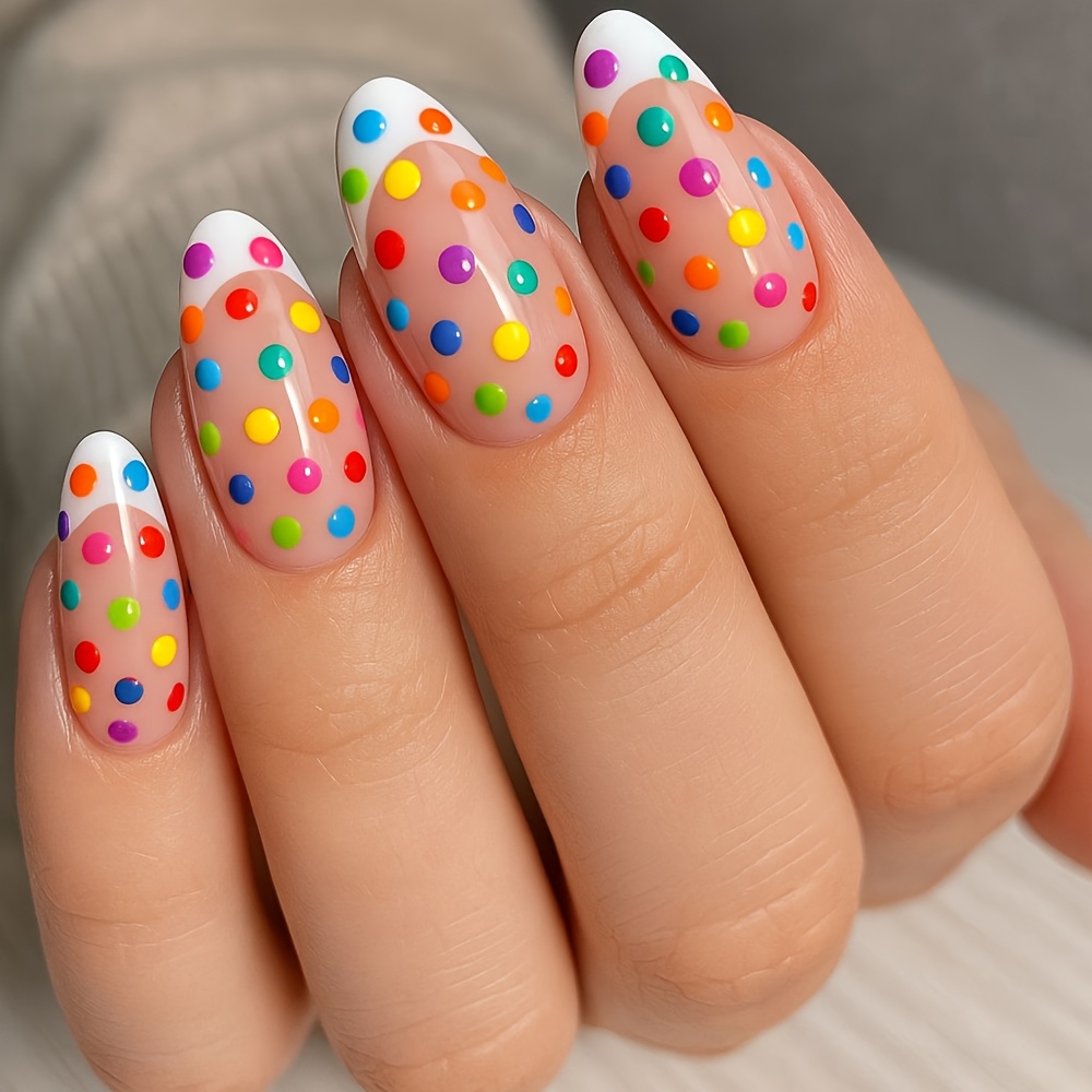 TEMU 24pcs Spring Summer Polka Dot -on Nails Colorful Candy Dot Fake Nails With White French Tips