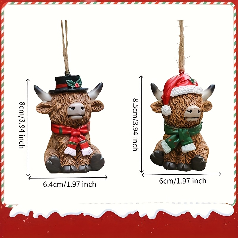 TEMU 2pcs Of Christmas Highland Cow Statue Ornaments - Featuring A Santa Hat And Statue Decorations, Suitable For Indoor And Outdoor Use, Home Party