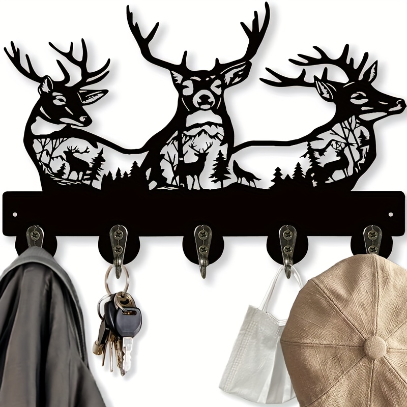 

1pc Deer Key Hooks, Animal Theme Wall Mount Organizer, Wooden Key Holder With 5 Metal Hooks, 19 * 29 * 3cm Black Home Decoration For Storage, Living Room, Hallway, Office