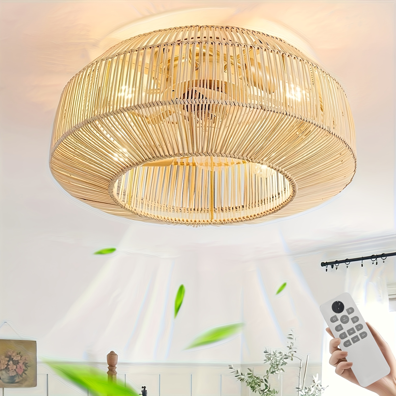 Image of (without Light Bulb) Ceiling Fan With Lighting E27 Vintage Rattan Ceiling Fan With Remote Control Lamp With Fan 6 Wind Lamp With Fan For Living Room Dining Room