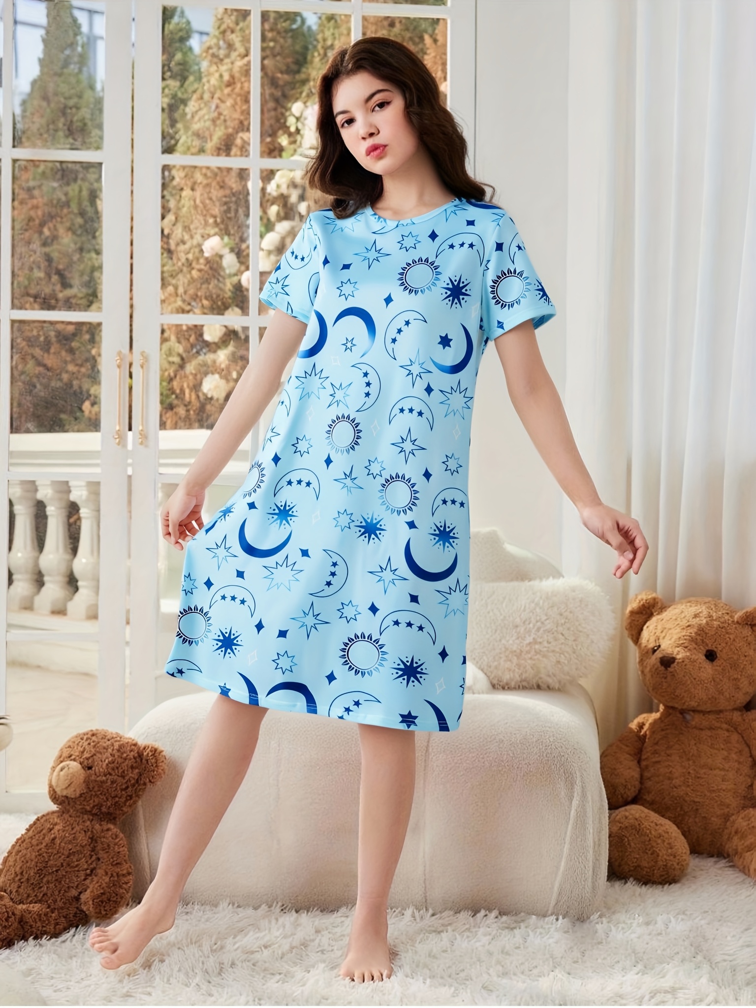 teen girls summer casual nightgown short sleeve round neck Temu