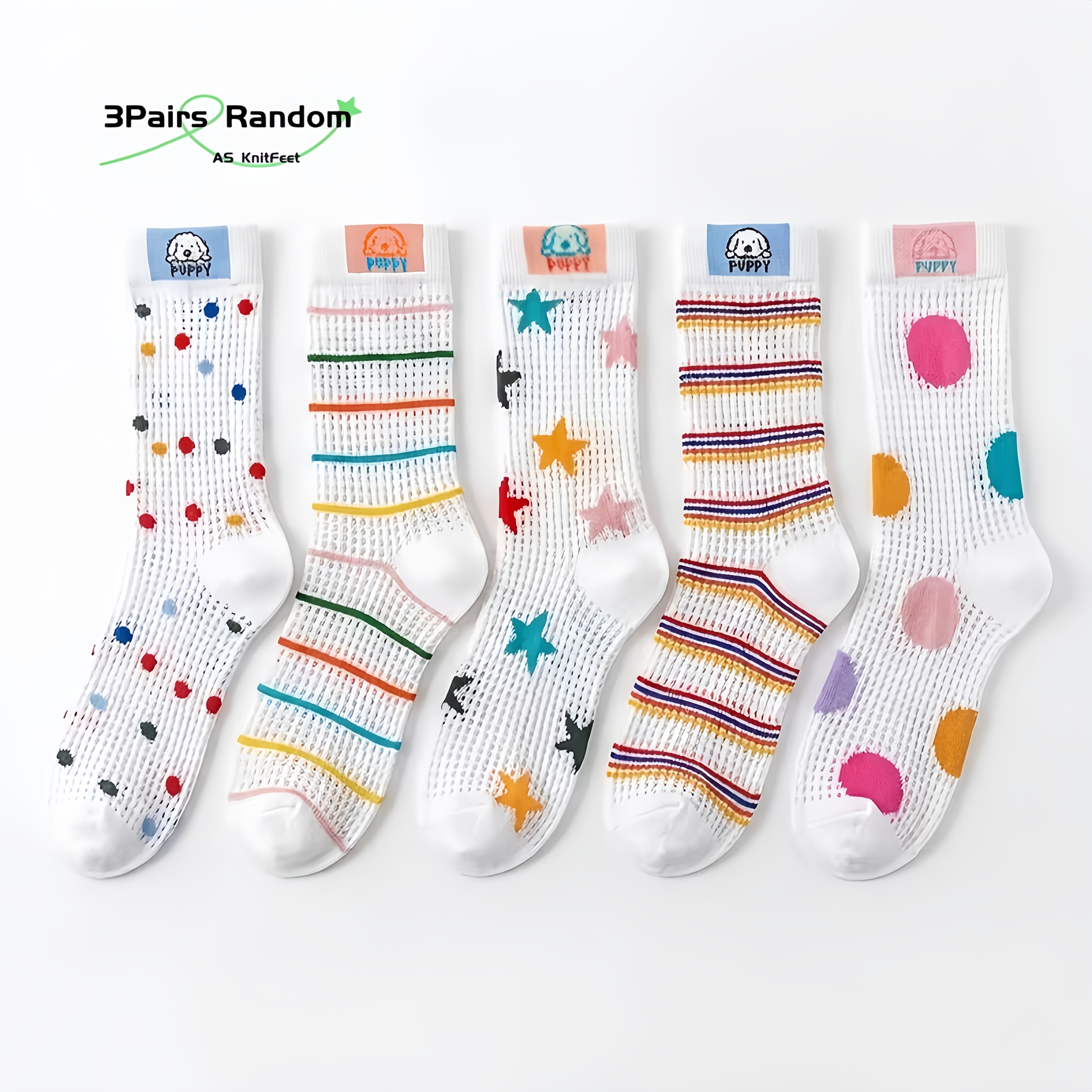 TEMU Random 3 Pairs Of Mesh Colored Polka Dot Dopamine Mid-calf Socks Cute Puppy Striped Socks Women's Summer Thin Style Ins Trendy
