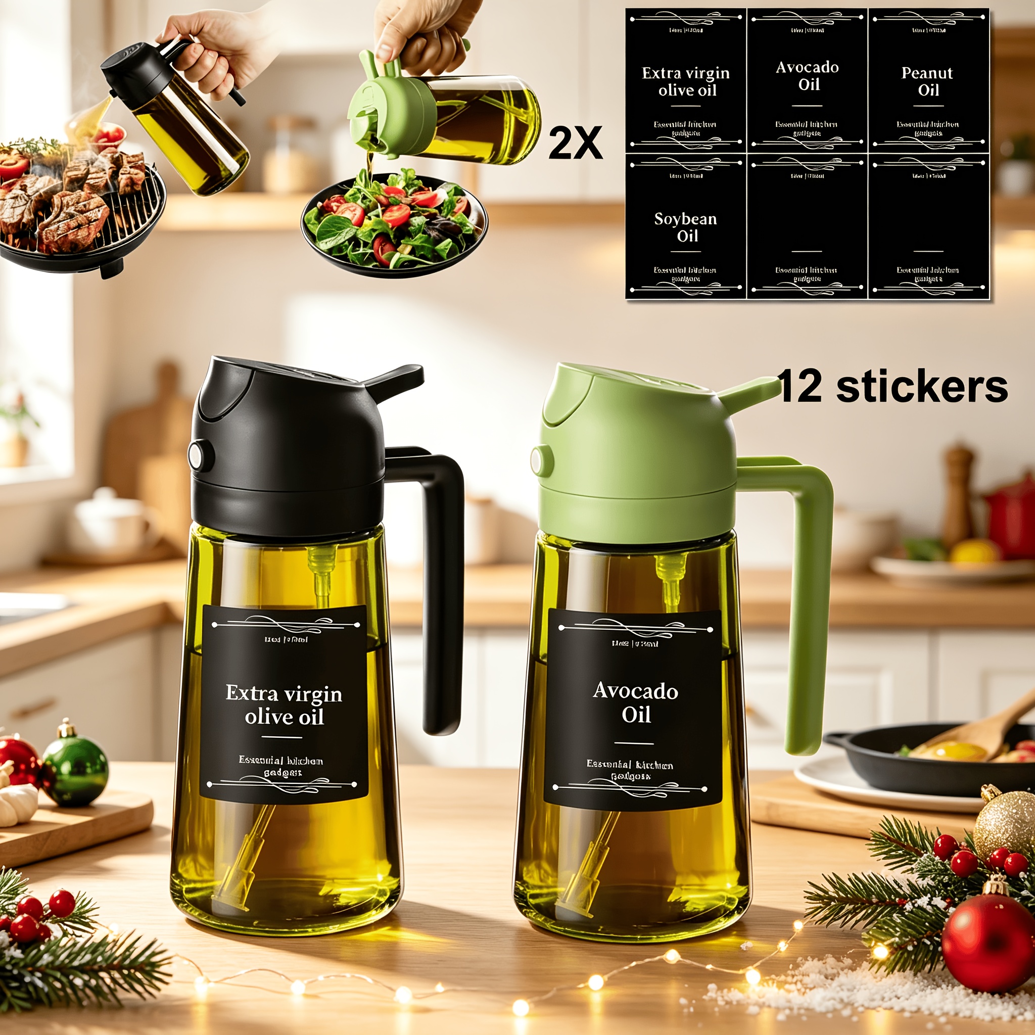 TEMU Ensemble de 2 bouteilles distributeurs d'huile en verre pour cuisine, bouteille d'huile et vaporisateur de cuisson 2-en-1, bouteilles d'huile en