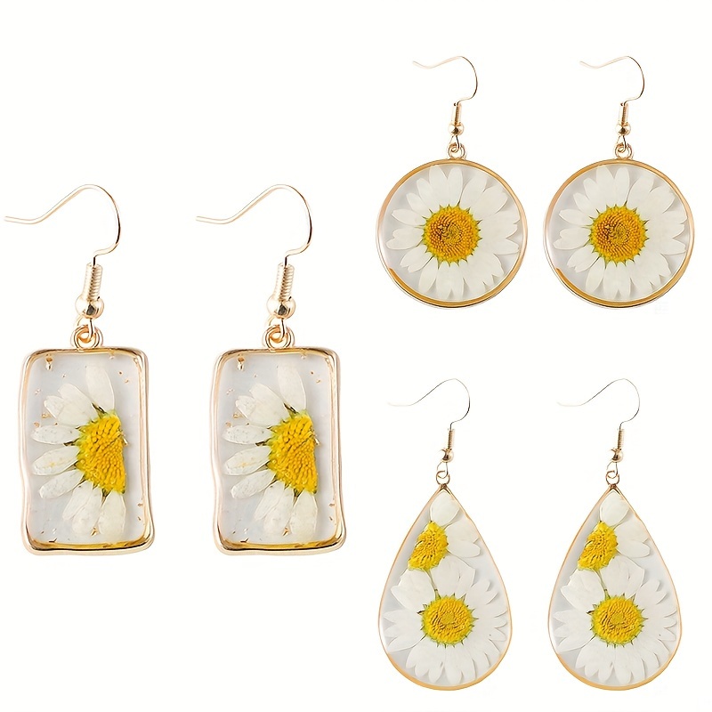 

3 Pairs Elegant Resin Dangle Earrings, Dried Flower Geometric Dangle Earrings, Dried Flower Daisy & Sunflower Hook Earrings, Perfect For Daily Wear