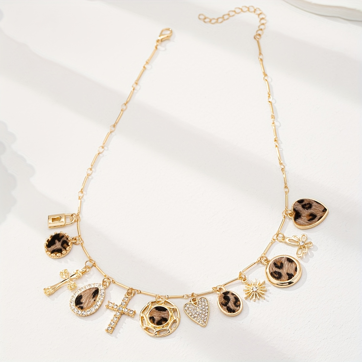 Image of 1pc Leopard Print Pu Heart Cross Charm Necklace Women Animal Pattern Charms Jewelry Leopard Grain Jewellery For Women