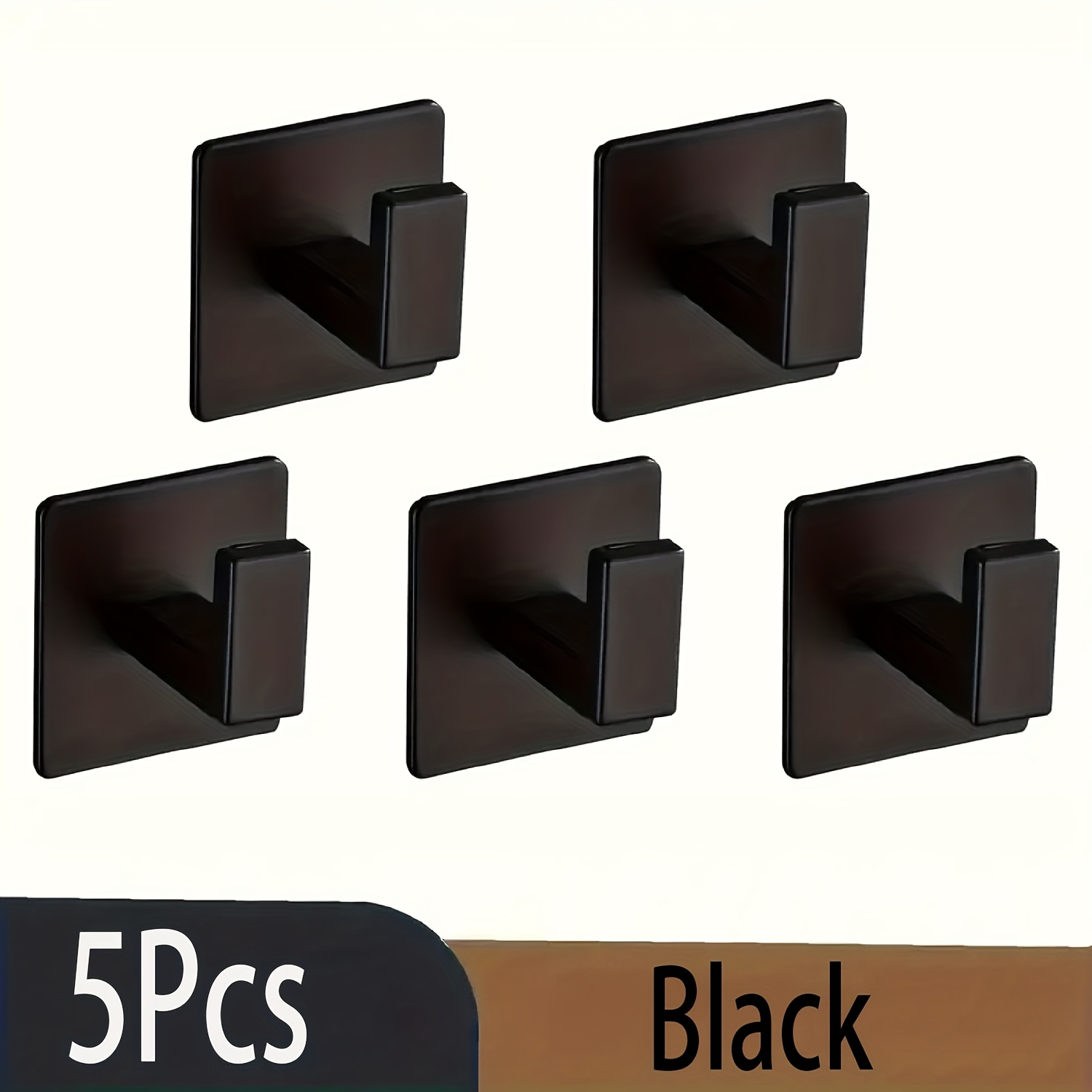 Image of 5pcs Black Self-adhesive Wall Hooks - Square, No-drill, Heavy-duty Stainless Steel For Bathroom, Bedroom & Kitchen - , Contemporary Style, Aluminum Material, Utility Hook, Utility Hooks