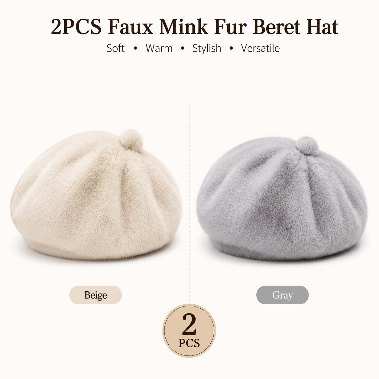 TEMU 2pcs Women' Fur Beret Hat & Octagonal Pumpkin Cap - Thick Warm Plush Winter Hat Suitable For, Christmas, Retro Beret Cap For Face, Soft Fluffy