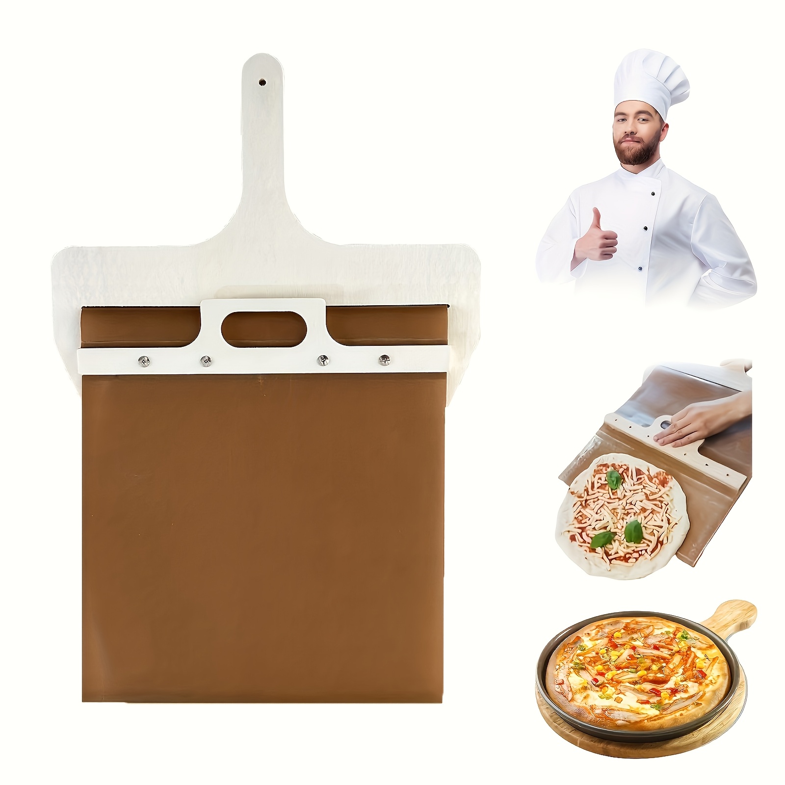 Large Magic Wooden Pizza Shovel - Easy Transfer Sliding Design, Durable Kitchen Tool for Safe Pizza Handling, White with Brown Faux Leather-Like Grip