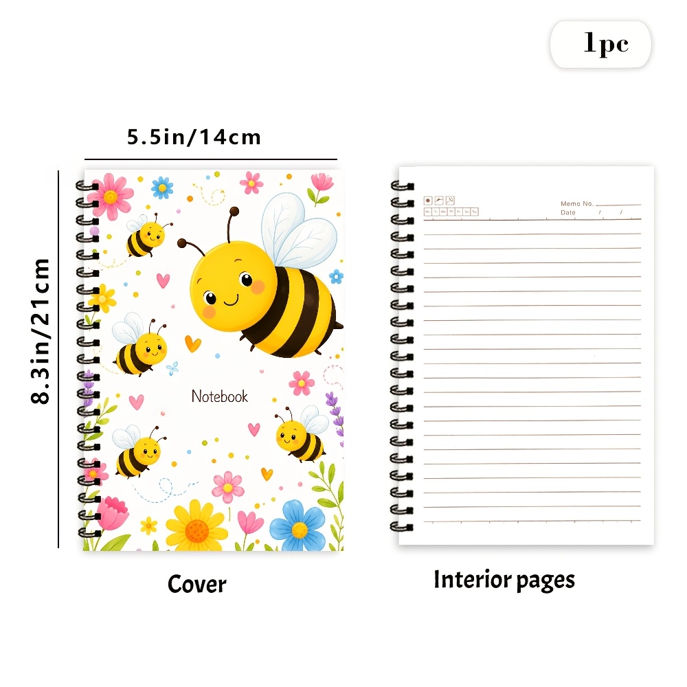 TEMU 1pc A5 Notebook Bee Garden Spiral Notebook, 50 Pages/25 Sheets, Cartoon Bee Colorful Flower Leaf Heart And For Study Notes, Daily Records, List