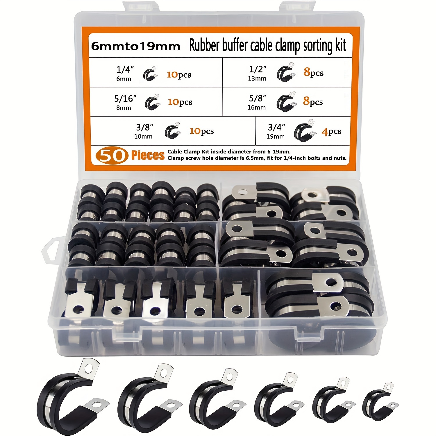 

50pcs Stainless Steel Hose Clamps Set, Cable Clamps With Rubber Strips, Anti-corrosion Wire Fixing Clamps, 6mm To 19mm, With Sorting Kit For Electrical And Mechanical Applications