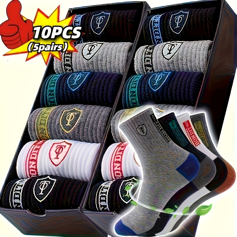 TEMU Random 10pcs/5pairs Men's Breathable Sports Socks, Fashion Letter Print High-elastic Outdoor Running Socks, Moisture-wicking, Reinforced Heel,