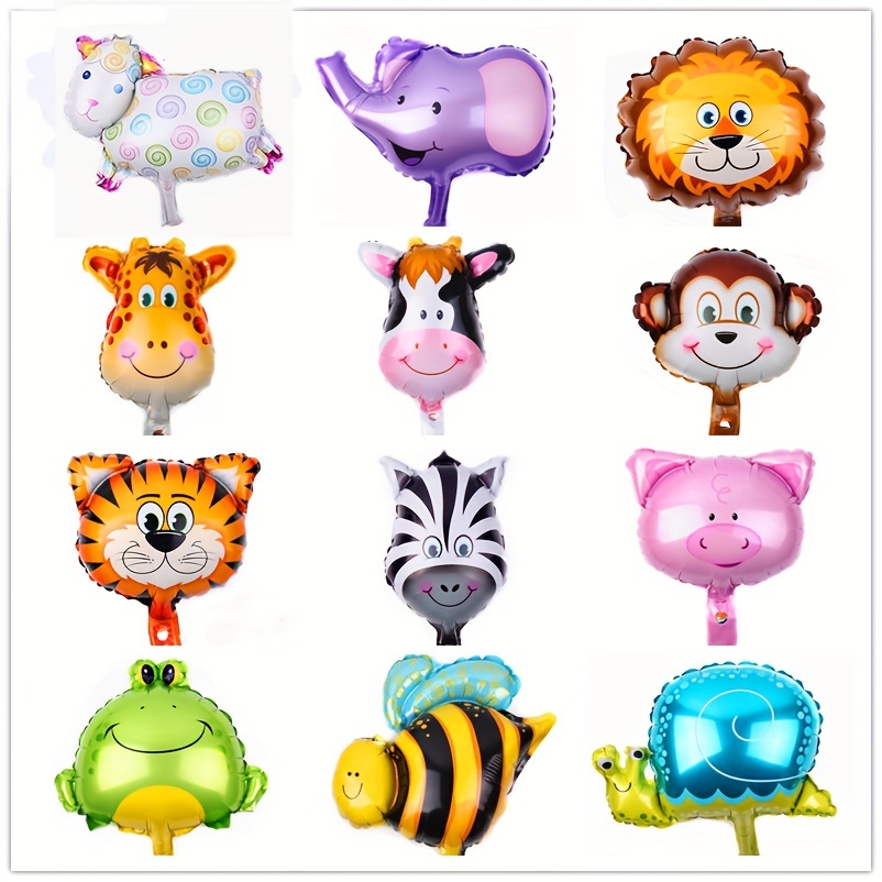 

12pcs, Mini Cartoon Animal Head Foil Balloons, Birthday Party Decoration, Zoo Lion Tiger Elephant Monkey Zebra Cow Giraffe Sheep Snail Frog Bee Pig Foil Balloon