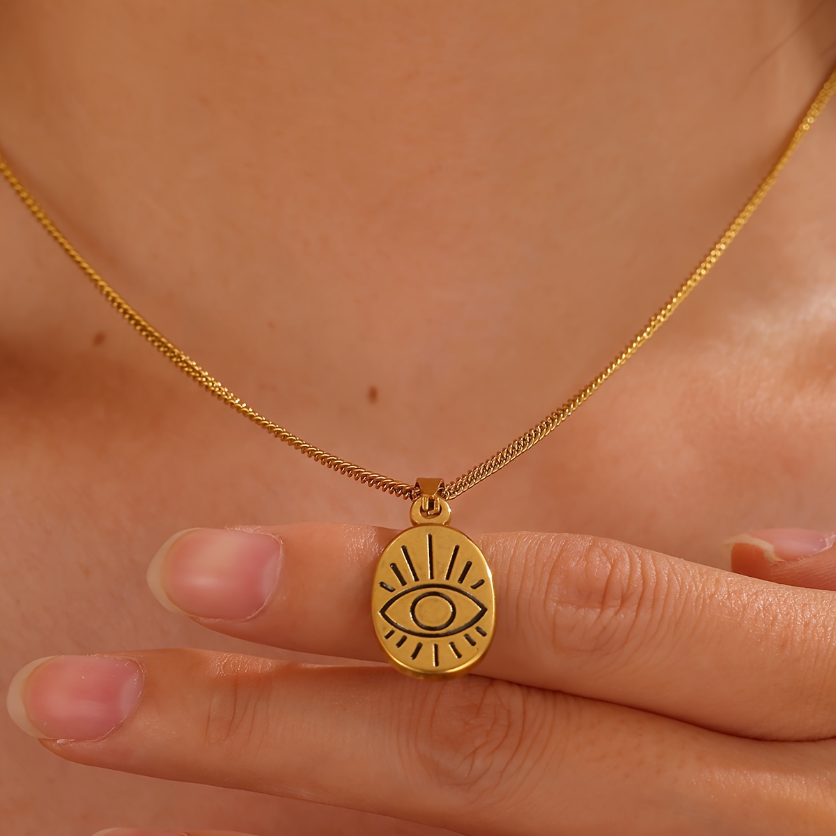 TEMU Evil Eye Oval Necklace Golden Color 304 304 304 304 Stainless Steel Charm Punk Hip Hop Exquisite Jewelry Gifts