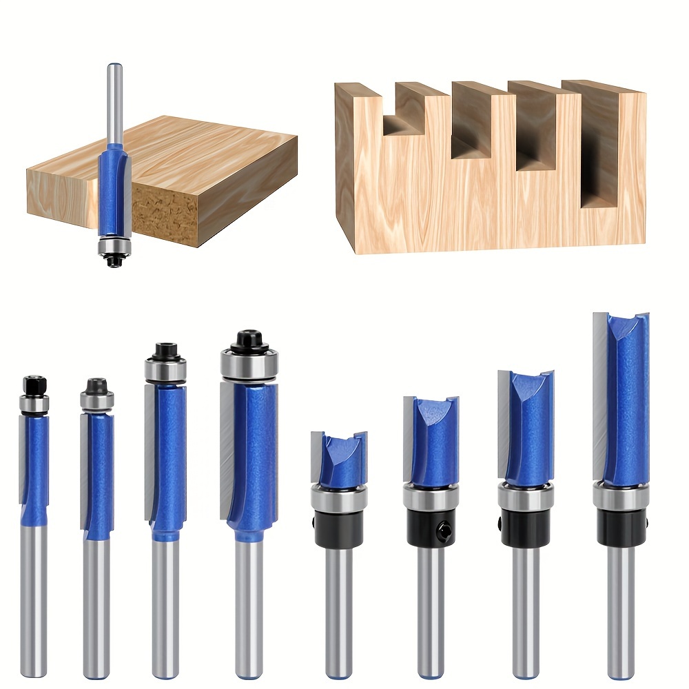 

14pcs Set 1/4 Handle Flash Silver Blue Trimming Knife Bearing Straight Knife Chamfering Knife Accessories Woodworking Milling Cutter