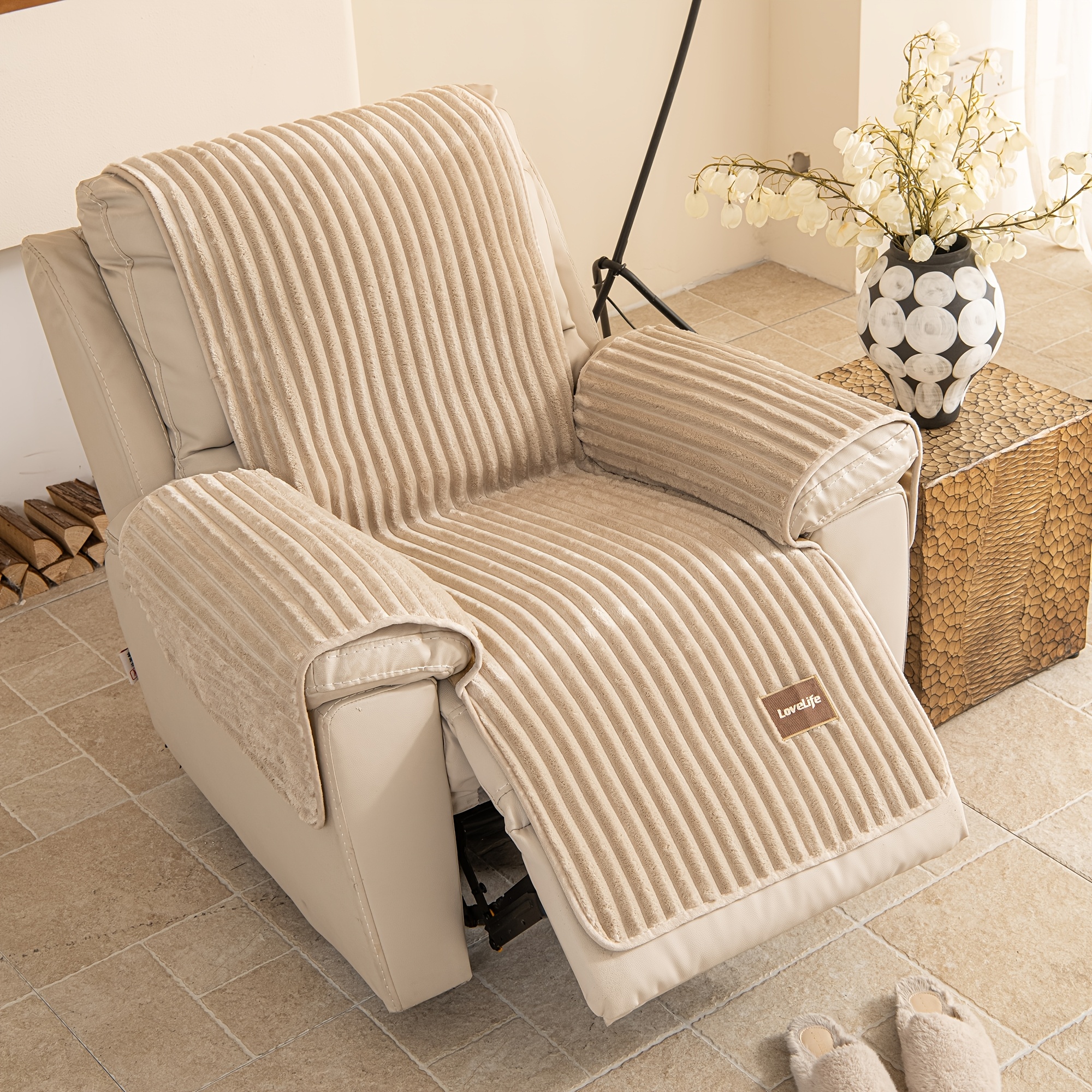 TEMU 1pc Modern Decorative Solid Recliner Cover Letter Label Soft Polyester Fabric Non-slip Easy Washable Perfect For Living Room Office Bedroom