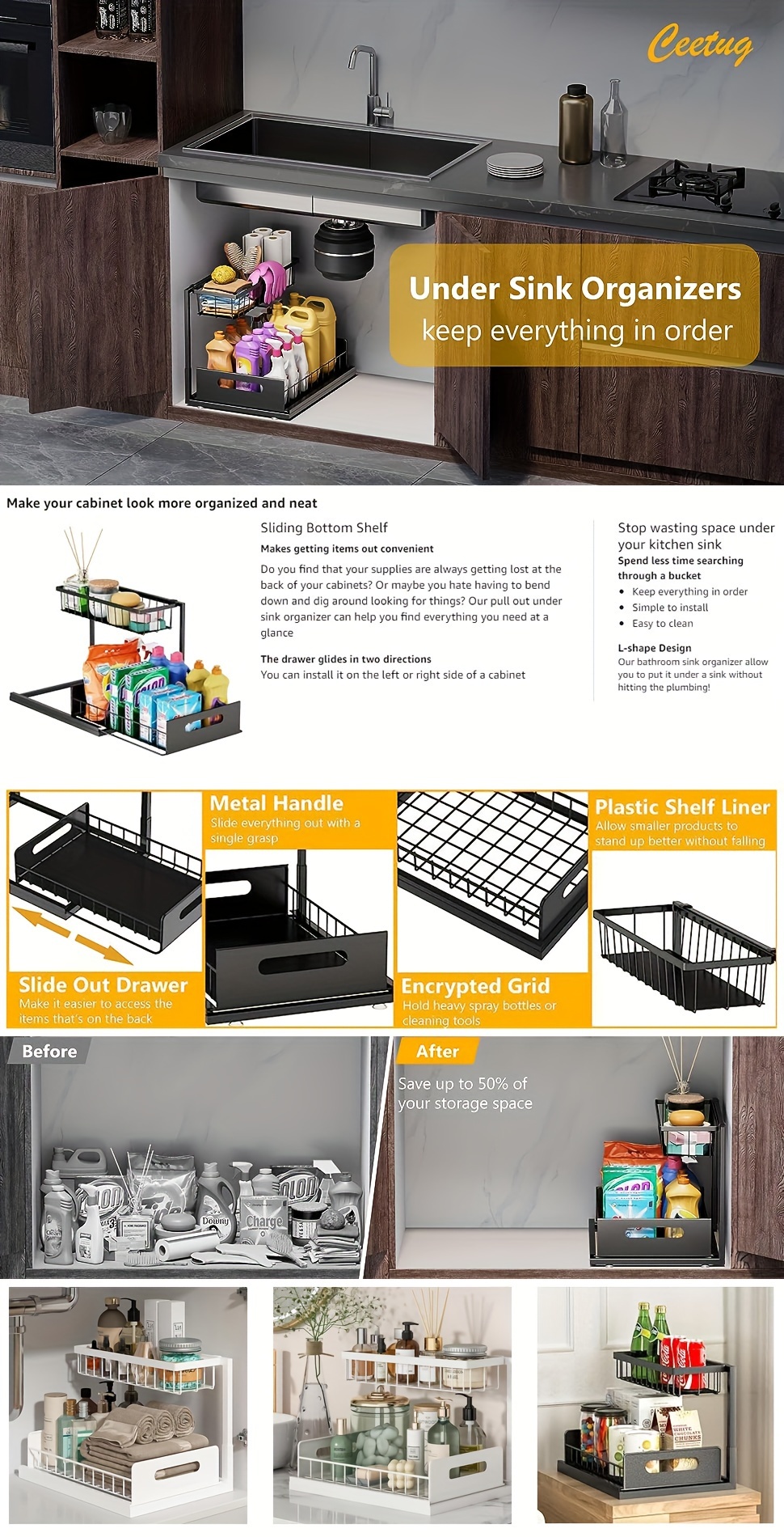 Sink Organizer Pull Cabinet Organizer 2 Tier Slide Sink - Temu