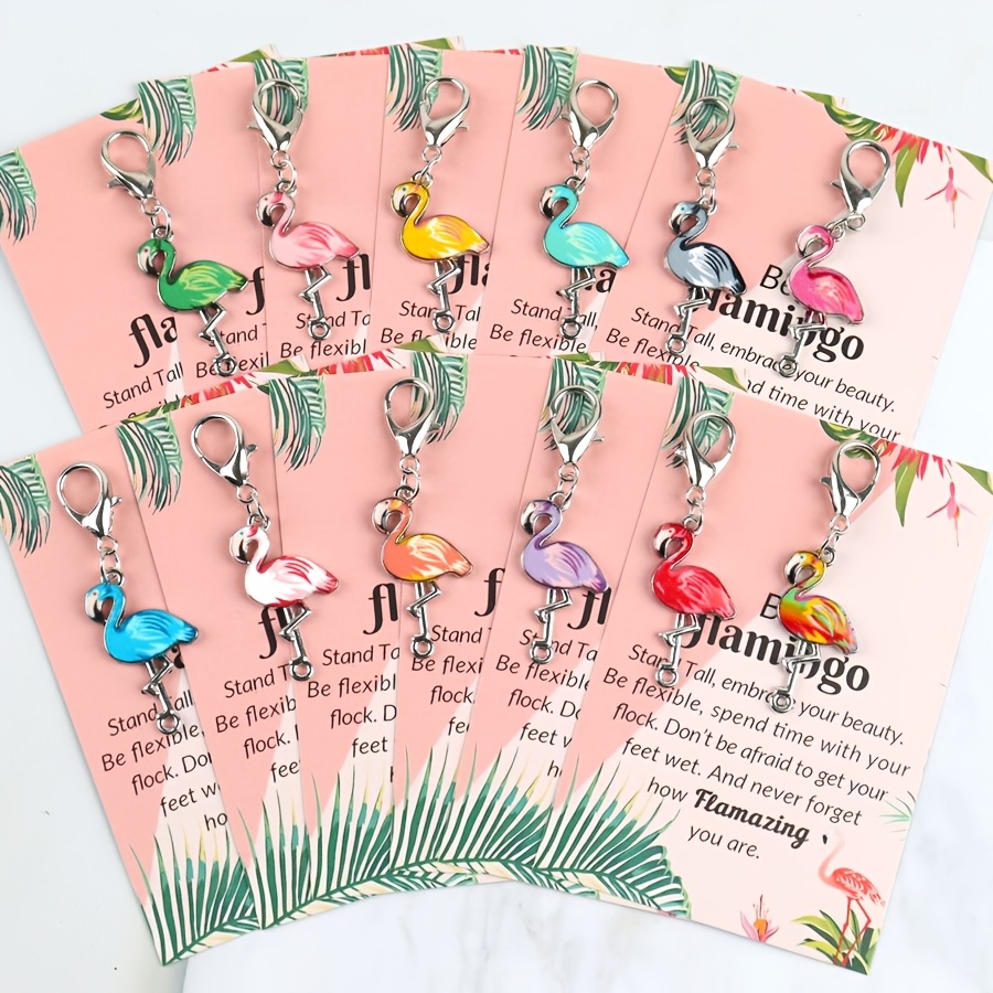 5 kosov/12 kosov Elegantni in očarljivi obeski za ključe s flamingom z kartico za spodbudo - Risane modne izvrstne dodatke z živalsko tematiko,
