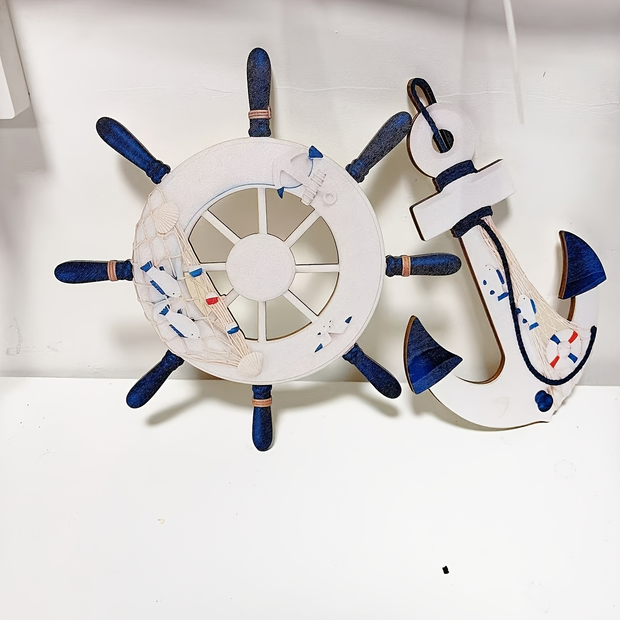 TEMU 2pcs Set 2d Flat Nautical Style Beach Wooden Ship Wheel And Wooden Anchor Nautical Ship Wheel Helm Anchor Wall Decoration Door Hanging Beach