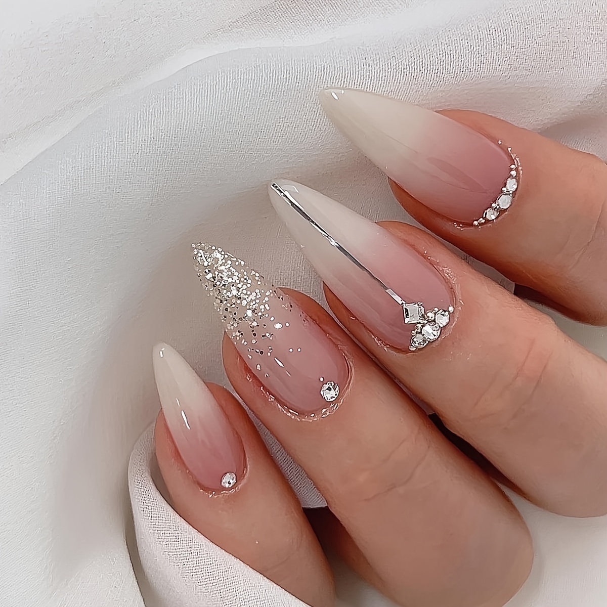 

Elegant Almond-shaped Press-on Nails With Pink & White Gradient, Glitter Accents - Medium Length, Glossy Finish For Women Press On Nails For Women Almond Short Oval Press On Nails For Women