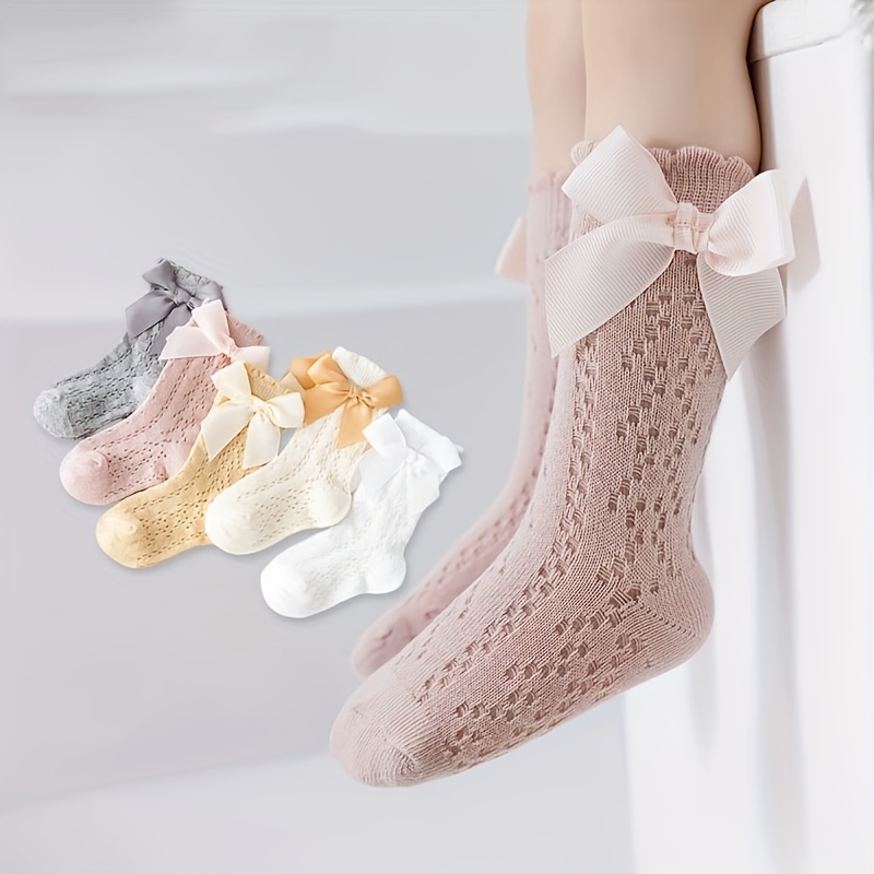 Image of 5 Pairs Girls' Fashion Bow Mesh Breathable Socks, Suitable For Children's Outdoor Wear