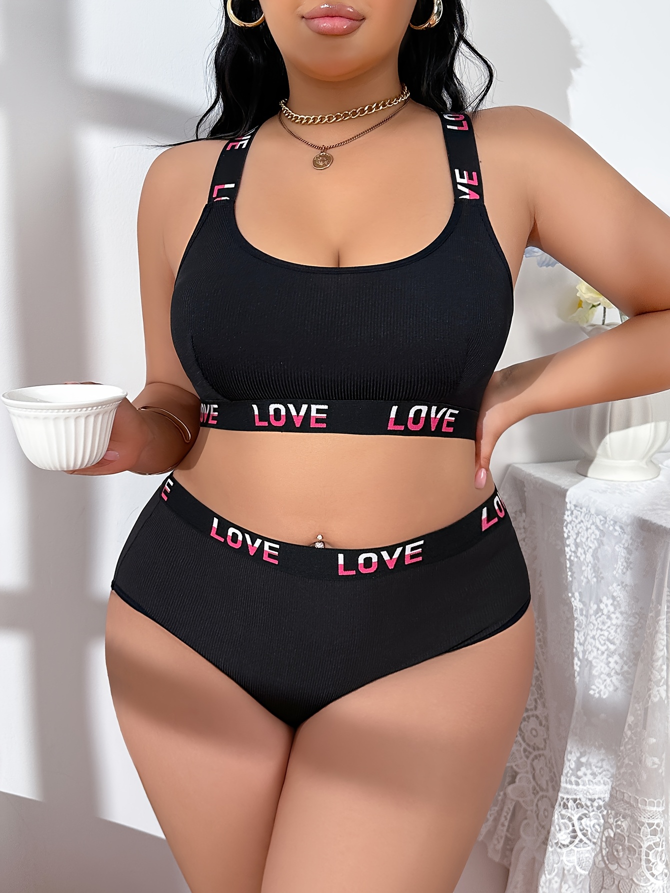 2pcs Plus Size Women's Lingerie Set, Comfortable Wide Shoulder Strap Casual  Bra and Panties, Sexy Plus Size Underwear